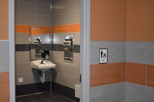 Bathrooms adjacent to the new classroom spaces