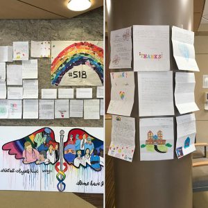 Letters from Schuylerville Elementary students displayed at Saratoga Hospital.