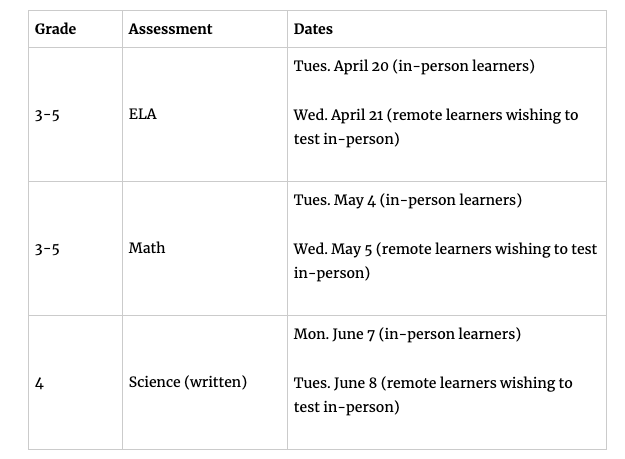 grades 3-5 assessment schedule