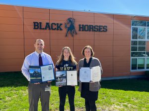 Claire Pelletier-Hoblock with Principal James Ducharme and School Counselor Sarah Rust