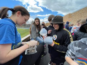 students plant sunflower seeds in their milk jug greenhouses
