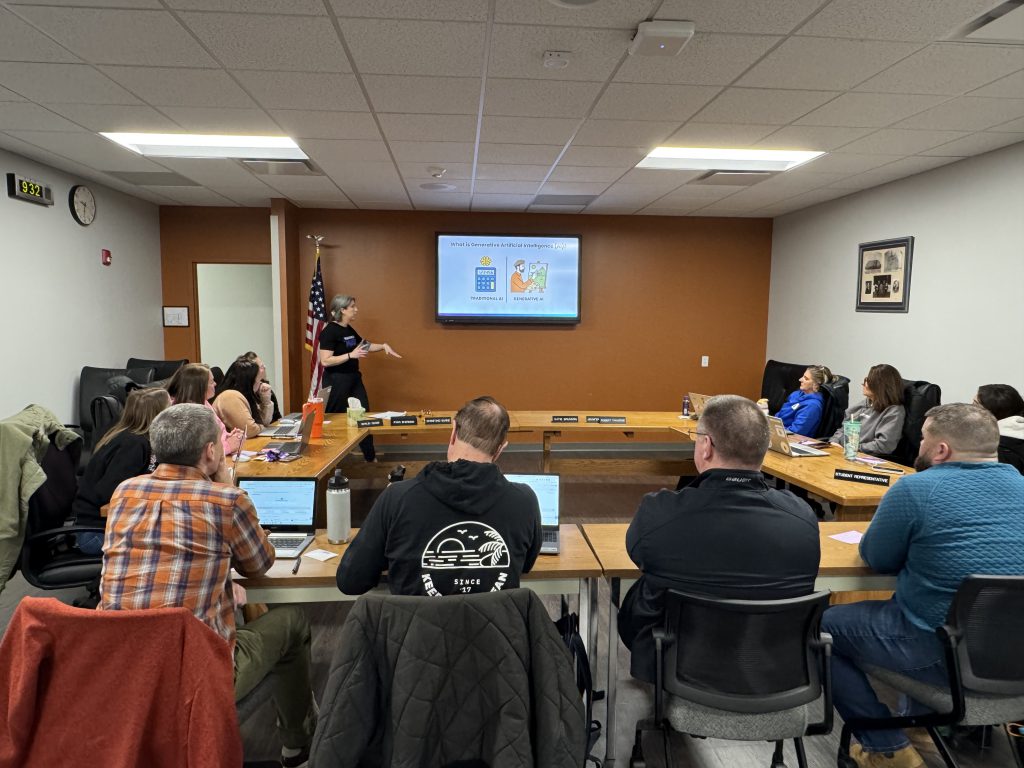 EdTech Coach Amanda Larkin leads a session on using MagicSchool AI in the classroom for Schuylerville teachers.